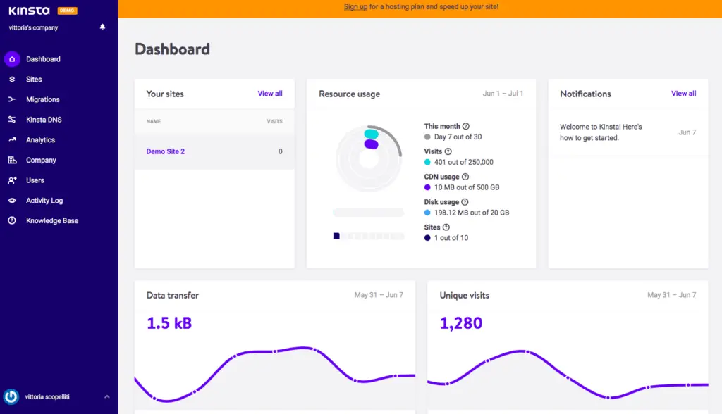 kinsta dashboard