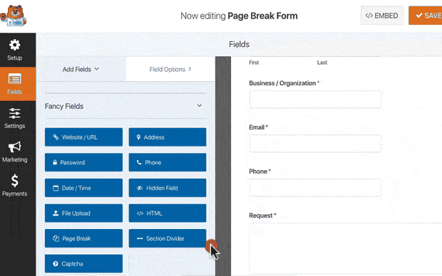 Multi-page form - page breaker