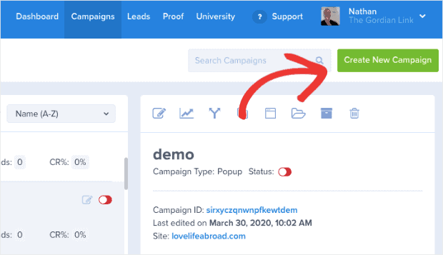 OptinMonster create new campaign -WordPress Announcement and Notification Bar